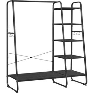 VASAGLE Stand Appendiabiti, Appendiabiti da Terra con Scarpiera, 5 Ripiani Portaoggetti, 6 Ganci Laterali, Camera da Letto, Soggiorno, Corridoio, Industriale, Nero Ebano e Nero Opaco RGR116B02