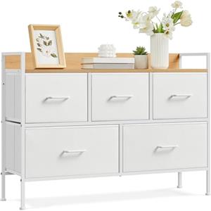 SONGMICS Cassettiera per Camera da Letto, 5 Cassetti in Tessuto con Maniglie, Mobiletto Portaoggetti, per Soggiorno, Corridoio, Struttura in Acciaio, Bianco Nuvola e Beige Rovere LTS135W01
