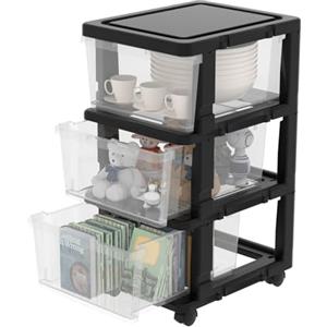 Cetomo Cassettiera in Plastica con Ruote, Cassetti di Stoccaggio, Cassetto, Torre per Casa, Ufficio, Armadio, Camera da Letto, Dormitorio, Smontabile, Scatola, PP, Trasparente e Nero (3 Cassetti)