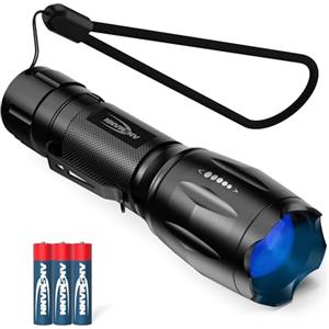 ANSMANN Torcia, lampada UV, lampada LED, 400nm, fuoco variabile in continuo, 4 modalità di luce, per il controllo della pulizia, ricerca ambra, ricerca esca