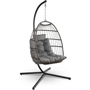 SereneLife Sedia a Dondolo a Uovo con Supporto, Capacità Fino a 250 Kg, Sedia Sospesa Poltrona a Dondolo in Rattan con Struttura in Acciaio Verniciato a Polvere per Casa e Giardino con Cuscino