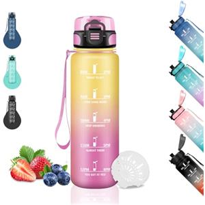 Grsta Borraccia Bambini, Borraccia 0,5 Litri, Borraccie Motivazionale, Senza Perdite, Borraccie Scuola con Scala Temporale, Facile da Pulire, Borracce per Scuole, Campeggio, Uffici, Viaggio, Giallo-Rosa