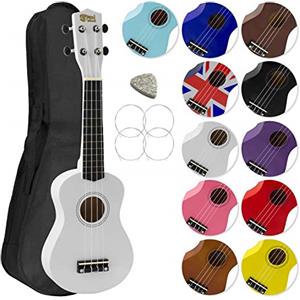 Mad About SU8-WH Ukulele soprano in bianco con custodia morbida, plettro e corde di ricambio, Ora dotato di corde in carbonio nere che offrono un suono più brillante