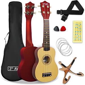 3rd Avenue Pacchetto beginner con ukulele soprano da 21 pollici 3rd Avenue - Custodia, stand, tracolla, corde, plettri e adesivi per tasti - Naturale