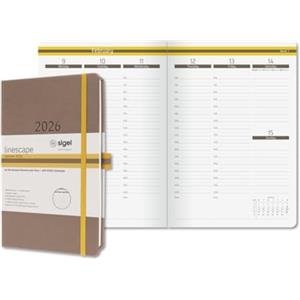 SIGEL L2601 Agenda settimanale Linescape 2026-53 settimane - circa A5 - marrone/giallo - 2 pagine = 1 settimana - copertina rigida - 80 g/m² - 176 p. - certificazione FSC