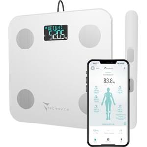TECHMADE - Bilancia Impedenziometrica Intelligente | 8 Sensori di Precisione | Analisi Corporea e Muscolare | App Dedicata e Multiutente | Elettrodi su Superficie e Manubri, Bianco, Vetro Temperato