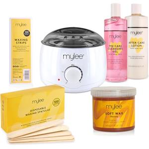 Mylee Kit Completo per Ceretta, con Scaldacera, Strisce depilatorie, Spatole e Lozione Pre e Post Depilazione (Kit con Cera al Miele)