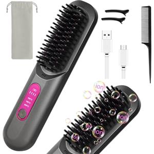 LOPHE Piastra per Capelli, Senza Fili Piastra Lisciante Riscaldamento Rapido, Piastra Capelli Spazzola con Display LED, 3 Temperature 160°C-200°C per Capelli Lisci, Ricci e Mossi(Grigio, B)