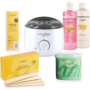 Mylee Kit Completo per Ceretta, con Scaldacera, Strisce depilatorie, Spatole e Lozione Pre e Post Depilazione (Kit con Cera all'Albero del Tè)