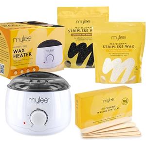 Mylee Kit Professionale per Depilazione con Ceretta, Scaldacera, Perline di cera dura 500 g, Carbone e Tè Verde + Cocco e Arnica, Spatole in legno, Ceretta senza strisce depilatorie