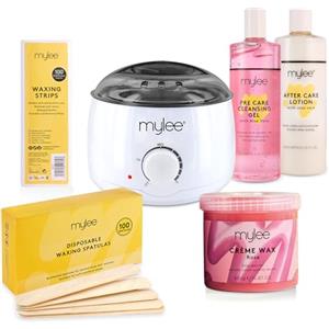 Mylee Kit Completo per Ceretta, con Scaldacera, Strisce depilatorie, Spatole e Lozione Pre e Post Depilazione (Kit con Cera alla Rosa)