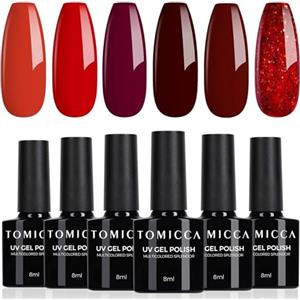 TOMICCA Smalto Semipermanente Set, 6 Colori Rosso e Rosso Glitterato Series, 8ML Gel Unghie UV/LED Kit, Per La Casa Nail Salone Fai Da