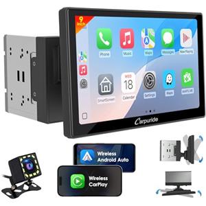 Carpuride YT09S Double Din Autoradio - Wireless CarPlay e Android Auto con Telecamera Posteriore, Touchscreen HD da 9", Navigazione GPS, Mirror Link, Musica Bluetooth, USB, FM, SWC