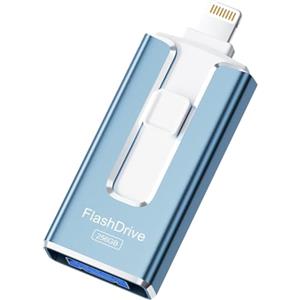 SUDEHO Chiavetta USB 256GB per iPhone, certificata MFi, con Lightning, Type A, Type-C e micro USB, compatibile con iPhone, iPad, Android e PC, USB 3.0 veloce, espansione di foto, documenti e video,Blu