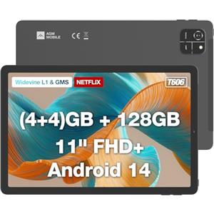 AGM Android 14 Tablet PAD T1 Neflix 1080P, 11" 8(4+4) GB+ 128GB/1TB TF, T606/Widevine L1/7000mAh/WiFi/8MP+13MP/4G Dual SIM/3.5mm Jack/BT5.0/Face ID/2 Smart-K Speaker 2024 Octa Core Gaming Tablet