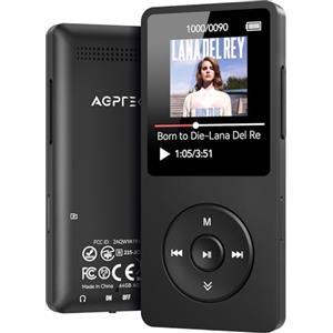 AGPTEK 64GB Lettore MP3 Bluetooth 5.3, AGPTEK MP3 Lettore con Altoparlanti Sportivo, Musicale HiFi Lossless Portatile, Radio FM/Registrazione, (Cuffie Non Incluse), Nero