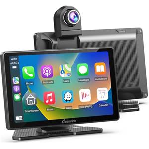 Carpuride W703 Portatile Wireless Carplay e Android Auto con Dash Cam - Schermo IPS HD da 7", Telecamera Anteriore 4K e Telecamera di Backup 1080P, registrazione in loop, GPS, Siri, MontaggioCruscotto