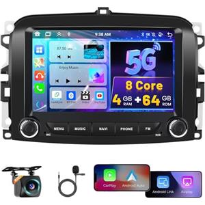 Hikity 8 Core 4+64GB Android Wireless Carplay Autoradio per Fiat 500L 2012-2016 Android Auto, Schermo Tattile 7 Pollici Bluetooth Stereo Auto Vista Posteriore in Diretta, GPS WiFi EQ FM RDS Radio