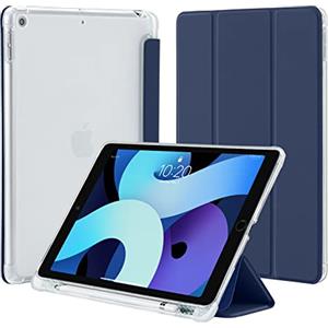 4UBonLife Custodia per iPad 9a/8a/7a Generazione 10,2 Pollici 2021/2020/2019 con Portapenne, Sottile Leggero Cover Case Retro Traslucido in Morbido TPU Auto Svegliati/Sonno, Blu Scuro