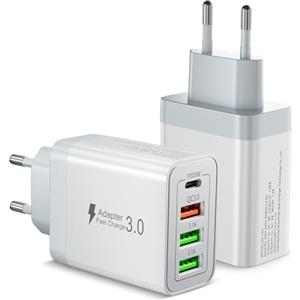 Cewpuno 2 Pezzi Caricatore USB C,40W 4 Porto Presa PD & QC3.0 Carica Cellulare,Caricatore iPhone Spina Alimentatore Caricabatterie per iPhone 16 15 14 13 Pro Max,iPad,Samsung S22 S23 S24 S25,Cuffie,Orologi