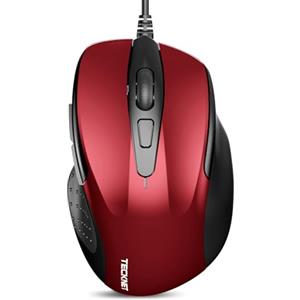 TECKNET PRO Mouse Ottico Cablato, 6400 DPI, 6 Pulsanti, Cavo USB 1.5M, Plug and Play, Ergonomico con Filo per PC, Laptop e Mac - Rosso
