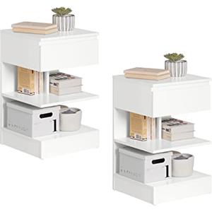 SoBuy Set di 2 Comodino Camera da Letto - Comodino con 1 Cassetto e 2 Ripiani, Tavolino Salotto - Moderna Cassettiera L39 x P39 x A65 cm Bianco FBT49-Wx2