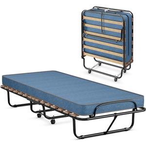GIANTEX Letto Singolo Pieghevole di Emergenza, 80 x 190 cm, Letto Singolo con Materasso in Memory Foam, Telaio in Acciaio con 4 Ruote, 15 Doghe in Legno, Blu