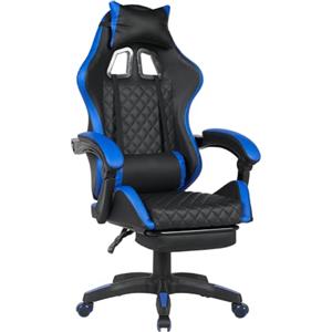 BAKAJI Sedia Sportiva Poltrona Direzionale da Ufficio 4 Ruote Girevole 360° Modello Racer Gaming Design Extra Lusso in Ecopelle Nero e Tessuto (Blu con Poggiapiedi)