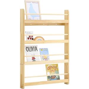 SoBuy Libreria Montessoriana per Bambini Libreria da Parete a 4 Ripiani Porta Libri Bambini Portagiochi Cameretta Naturale 80x12x118cm KMB08-N