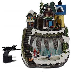 Aurora Store.it Villaggio di Natale innevato con Trenino di Babbo Natale, Cascata di LUCI LEDI e Lago di Pattinatori Giostrina con Movimento e Luci LED Musicale Carillon 26x28x h. 29 cm