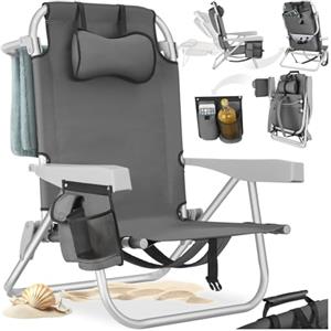 tectake® Sedia da Spiaggia, Spiaggina Pieghevole Funzione Zaino, Sedie da Giardino, Telaio in Alluminio, Sdraio Da Spiaggia, Schienale Regolabile, Sdraio pieghevole, Borsa Termica, Sedia Mare - Grigio