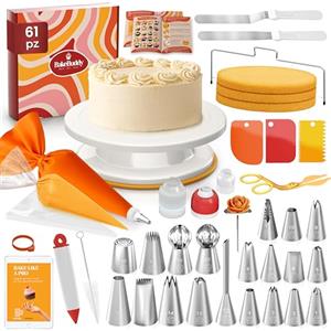 BakeBuddy Set di Accessori per Torte (61 Pezzi) - Piatto Girevole per Torte con Beccucci, Sac à Poche, Spatole, Palette e Altri Accessori da Pasticceria per Principianti e Professionisti