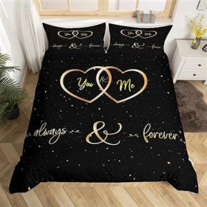 Loussiesd Mr Mrs - Set di biancheria da letto "You and Me", per coppie, innamorati, uomini e donne, con citazioni divertenti, oro e nero, romantico, copriletto traspirante per letto king size