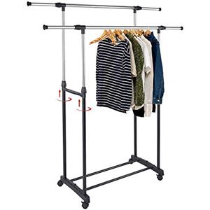 BAKAJI Stand Appendiabiti Allungabile Telescopico Doppio con Ruote Girevoli 80/150 x 40 x 90/160 cm Regolabile Attaccapanni Negozio Casa Hotel, in Acciaio Cromato e ABS (Doppio Telescopico)