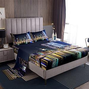 Loussiesd, Set di lenzuola per letto matrimoniale, stile americano, paesaggio urbano, con stampa, 4 pezzi, include 1 lenzuolo e 1 lenzuolo con angoli con 2 federe, morbido, motivo: New York