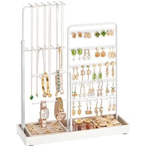 SONGMICS Portagioie, per Natale, Espositore per Gioielli, Porta Orecchini, Metallo, Vassoio in Velluto, Porta Collane Regolabile, Altezza 30,9-47,5 cm, Bianco Opaco JJS026W01