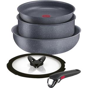 Lagostina Ingenio Mineralis Green Set Pentole Antiaderenti in Alluminio 100% Riciclato, Adatto all'Induzione, 5 Pezzi, 1 Padella 24cm, 1 Tegame 24cm, 1 Wok 26cm, 1 Coperchio 24cm e Manico Removibile