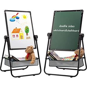 DOEWORKS Lavagna Bambini Cavalletto con U-Supporto, Lavagnas Magnetica per Bambini, Doppio Lato Lavagna Bianca e Nero, Altezza Regolabile & Rotazione a 360°, Nero