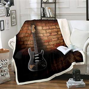 Loussiesd Coperta per chitarra,a tema musica rock,coperta in pile per divano letto,divano e chitarra elettrica,in peluche,coperta singola in rétro di mattoni,per la stanza dei bambini,76,2 x 101,6 cm