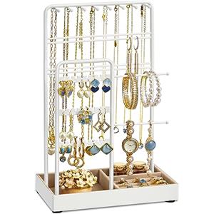 SONGMICS Portagioie, per Natale, Porta Collane e Orecchini, Espositore per Gioielli, Struttura in Metallo, Vassoio in Velluto, per Collane Bracciali Orecchini Anelli, Idea regalo, Bianco JJS021W01