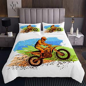 Loussiesd Set di trapunte per Motocross, Tema Sport estremi, copriletto Trapuntato per Bambini, Ragazzi, Ragazze, Acquerello, Motocross, Racer, Copertura per Letto, per Moto, Bici, 3 Pezzi,240x220cm