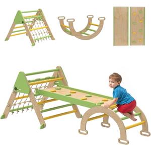 AIYAPLAY Struttura da Arrampicata per Bambini 8 in 1, Scala a Triangolo Pieghevole, Arco Montessori con Scivolo in Legno, Palestra Montessori per Bambini da 1.5 a 4 Anni, Parco Giochi per Interni