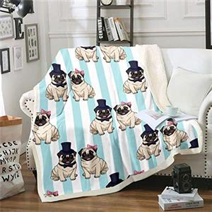 Loussiesd Coperta in pile con motivo a carlino,per divano,divano,per adulti,per animali domestici,coppia di cani,motivo sherpa,motivo a righe,in peluche,per la camera matrimoniale,152,4 x 200,7 cm