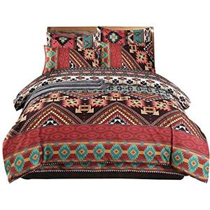 Loussiesd, Set copripiumino bohémien, matrimoniale, motivo bohémien etnico ed esotico, a righe, in stile atzeco, in microfibra, con 2 federe e cerniera, colorato