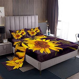 Loussiesd Set di lenzuola con motivo di girasoli per letto matrimoniale, lenzuola floreali con fiori in fiore per bambini e adulti, set di biancheria da letto con rami botanici, set da letto ultra morbido di