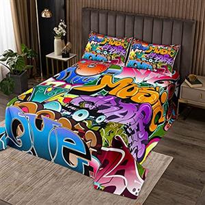 Loussiesd Copriletto trapuntato con graffiti hippie per bambini e ragazzi stile hip hop cultura di strada set copriletto colorato con graffiti collezione hipster per camera da letto 2 pezzi per letto170X230cm