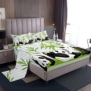Loussiesd Set Copripiumino Panda, adorabile set di biancheria da letto per bambini, ragazzi, ragazze, adolescenti, cartone animato, lenzuolo gigante panda, foglie verdi, set letto, 4 pezzi, misura matrimoniale