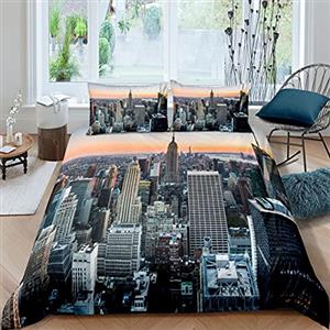 Loussiesd Set di copripiumino New York Skyline di Manhattan con paesaggio cittadino artistico contemporaneo e tramonto, biancheria da letto con trapunta, 3 pezzi, misura matrimoniale