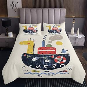 Loussiesd Set di trapunta per bambini Cartoon Giraffa Stampato Coverlet per Bambini Ragazzi Ragazze Oceano Nave a Vapore Copriletto Sea Wave Pesce Letto Copertura Camera Da Letto Collezione 2 Pz For170X230cm