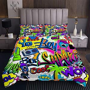 Loussiesd Copriletto hippie graffiti hip hop,copriletto per bambini,ragazzi econ motivo graffiti,set di trapunta moderna con artistica urbana,con 2 federe,3 pezzi,letto240x220cm